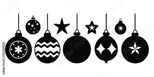 Festive holiday ornaments with unique star and circle pattern appear on transparent background