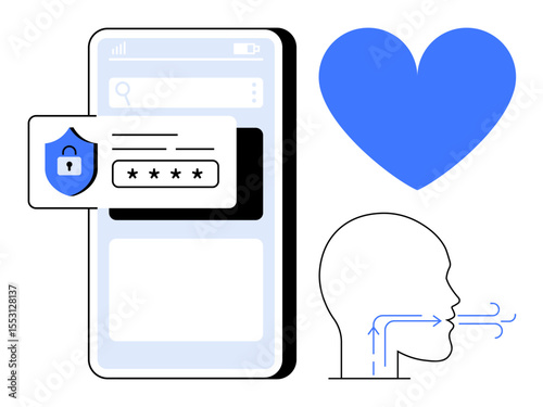 Smartphone with login shield, user authentication details, breathing human head profile, blue heart. Ideal for tech innovation, security, communication, health, user experience privacy simple