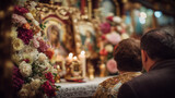 Devotees Praying Before Saint Mary Magdalene Altar with Flowers and Candles During Religious Festival Ceremony
