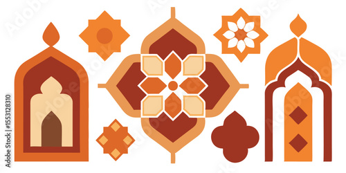 Symmetrical array displays ornamental Islamic architecture with arabesque floral motifs and geometric patterns