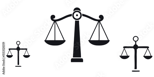 Ornate black balance scales are visually represented on a white canvas background