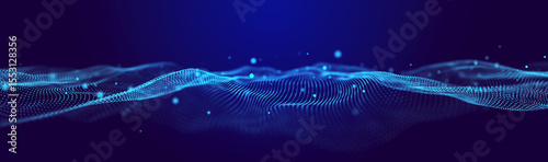 Abstract wave. Interweaving of dots and lines on a black background. Big data. 3D rendering.