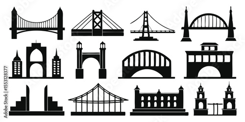 Twelve silhouettes of world landmark buildings and bridges display iconic architectural features against a transparent backdrop