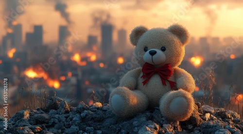 A soft teddy bear with a red bow sitting alone on rocky ground with a background of a city burning and emitting smoke during sunset