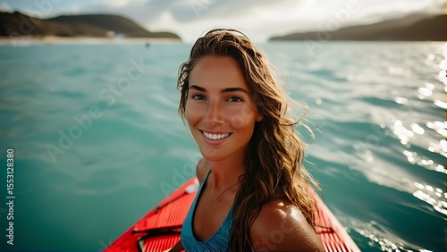 A Joyful Woman Enjoys Paddleboarding on a Serene Sunny Day