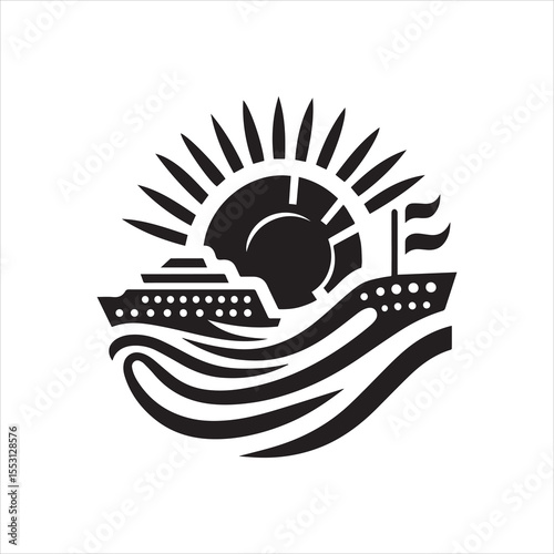 A stylized black and white illustration of a cruise ship sailing towards the sun.