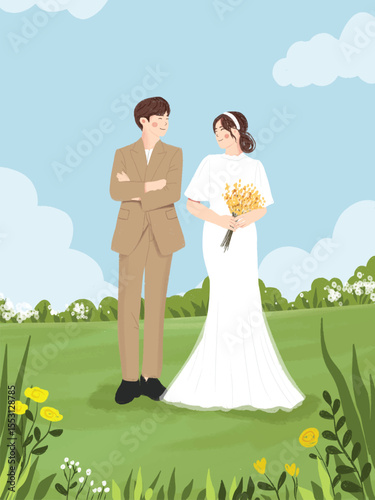 Romantic bride and groom vector illustration with beautiful scenery