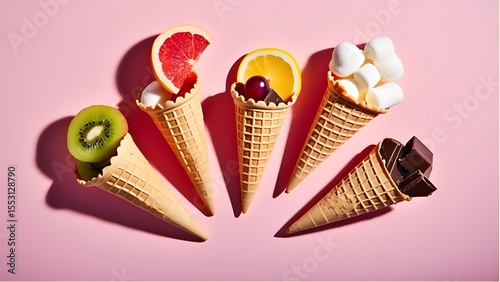 Colorful Assortment of Fruit and Sweet Ice Cream Cones Displayed Vibrantly on a Pink Background