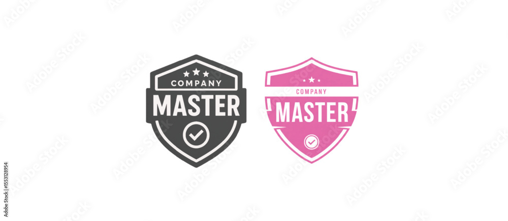 Obraz premium Company Master Badge Gray and Pink Shield-Shaped Labels with Checkmarks and Stars