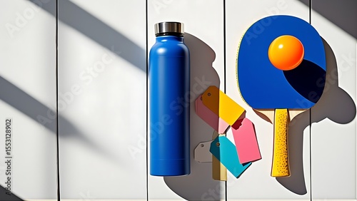 Colorful Still Life Featuring Blue Water Bottle and Ping Pong Paddle
