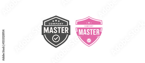 Company Master Badge Gray and Pink Shield-Shaped Labels with Checkmarks and Stars