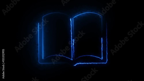 Glowing vertical book icon animation with neon open symbol on black background