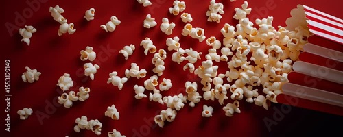 Spilled Popcorn from Striped Box on Red Background — Cinema or Snack Concept