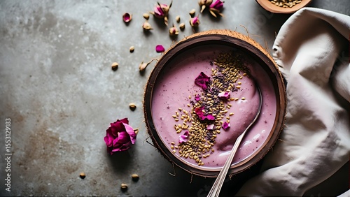 Delicious Coconut Yogurt with Flowers and Seeds Garnish for Healthy Eating