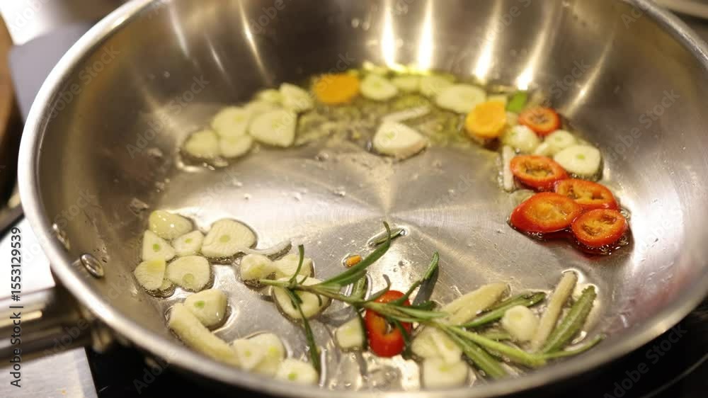 Sautes fresh, garlic slices, frying pan. Close-up sliced garlic, red chili peppers, and rosemary sprigs frying in oil inside stainless steel pan, process of sauteing fresh, aromatic ingredients. Sautes fresh, garlic slices, frying pan. Close-up sliced garlic, red chili peppers, and rosemary sprigs frying in oil inside stainless steel pan, process of sauteing fresh, aromatic ingredients.