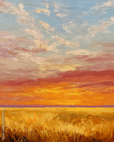 Impressionist-style painting of a wheat field under sunset, with warm traditional brushwork.