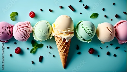 Delicious Ice Cream Cone Arrangement with Colorful Scoops and Toppings