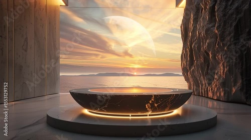 Futuristic Elliptical Podium with Marble Finish and Sunset View of Alien Planet Landscape