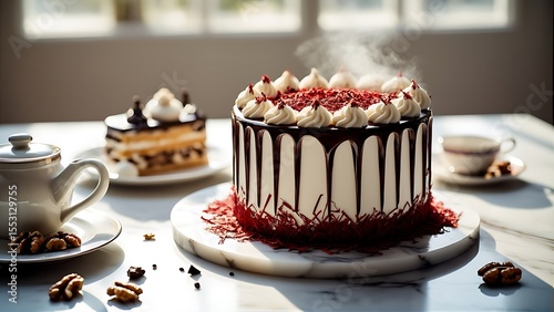 Deliciously Decadent Red Velvet Cake with Creamy Frosting and Elegant Presentation