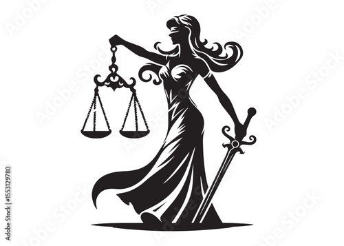 justice scales lady logo silhouette vector, lady justice logo icon silhouette, woman holding scales of justice silhouette lady lawyer logo design vector illustration silhouette on a white background