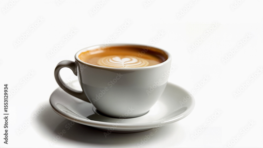 A single cup of coffee with latte art sits isolated on a white background. The image is suitable for illustrating coffee, beverages, or cafe concepts. A single cup of coffee with latte art sits isolated on a white background. The image is suitable for illustrating coffee, beverages, or cafe concepts.