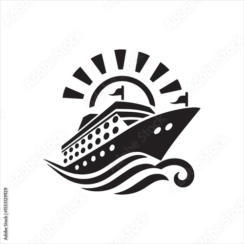 Silhouette of a cruise ship sailing through stylized waves, with a sunburst above.