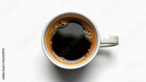 A single cup of espresso coffee is shown from above, isolated on a white background. The image is suitable for illustrating coffee concepts, beverage advertising, or menu design.