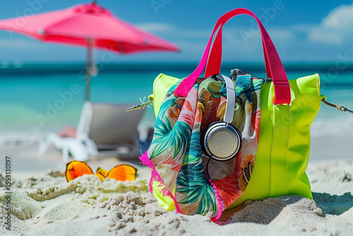 Neon mini beach bag with headphones, scarf and sunscreen. Bold, colorful summer flat lay.