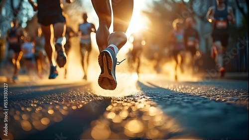 Dynamic Close-Up of Runners Taking Part in a Marathon Under a Golden Sunrise
