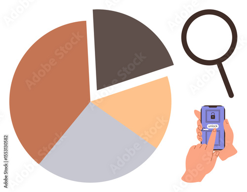 Pie chart with four segments, magnifying glass, hand unlocking smartphone. Ideal for analytics, security, research, technology, statistics business insights problem-solving. Simple flat metaphor