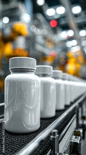 Bottles of supplements move along a production line in a modern factory during daylight hours