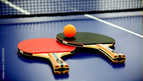 Dynamic Table Tennis Scene with Colorful Paddles and Orange Ball