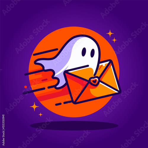 Ghost. Cute ghost icon. Halloween ghost character. Halloween concept. Hand drawn modern Vector illustration. Happy Halloween greeting card with a simple ghost on purple background. Flat vector