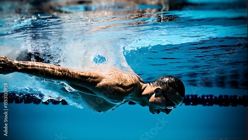 Dynamic Underwater Action: A Swimmer Glides Through Crystal Clear Waters