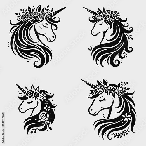 Unicorn. With Flower Crown Cartoon Clipart Cowboy Silhouette Line Art Vector Illustration. Fantasy beast mythical equine a horse-like creature horn attribute.