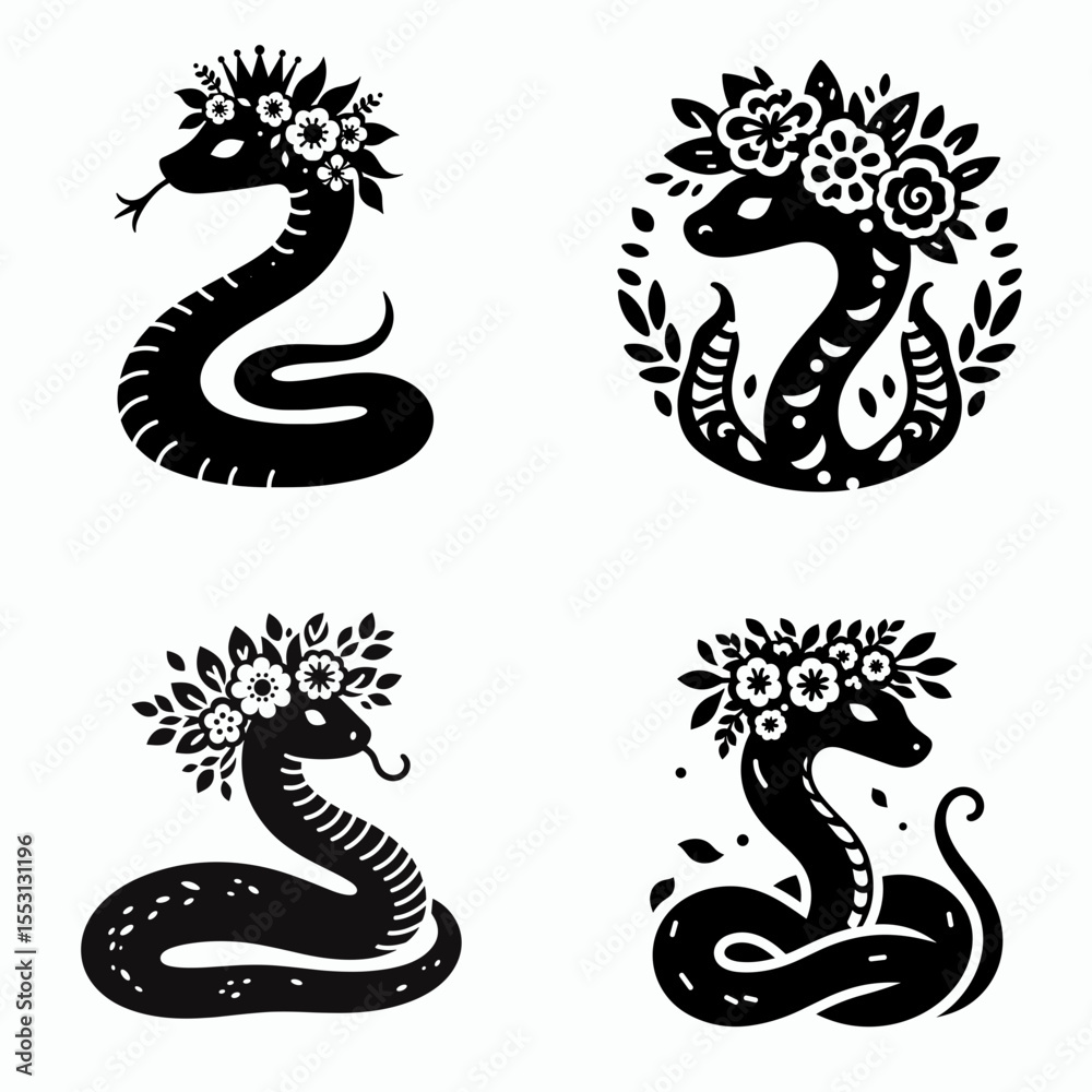 Fototapeta premium Snake. With Flower Crown Cartoon Clipart Cowboy Silhouette Line Art Vector Illustration. Serpent a reptile creature exploration and learning about this unique wildlife.