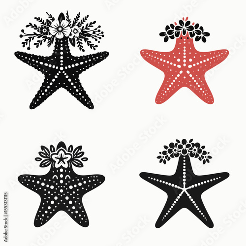 Starfish. With Flower Crown Cartoon Clipart Cowboy Silhouette Line Art Vector Illustration. Marine creature sea star ocean life aquatic wildlife echinoderm invertebrate.