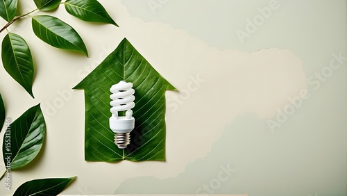 Eco-Friendly Home Concept Featuring Light Bulb and Green Leaves