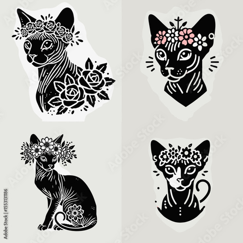 Sphynx Cat. With Flower Crown Cartoon Clipart Cowboy Silhouette Line Art Vector Illustration. Hairless feline breed find info care tips behavior & unique pet traits.