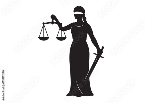 justice scales lady logo silhouette vector, lady justice logo icon silhouette, woman holding scales of justice silhouette lady lawyer logo design vector illustration silhouette on a white background