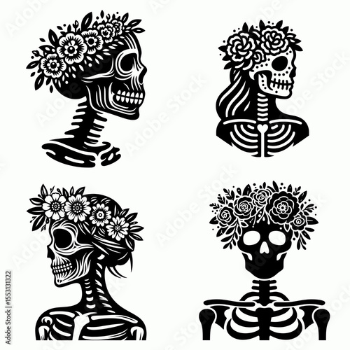skeleton. With Flower Crown Cartoon Clipart Cowboy Silhouette Line Art Vector Illustration. Bony frame the inner body structure vital anatomy concept figure support.