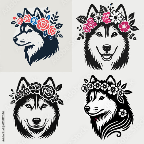 Siberian Husky Dog. With Flower Crown Cartoon Clipart Cowboy Silhouette Line Art Vector Illustration. Canine from siberia a sled pet and companion breed info care plus image.
