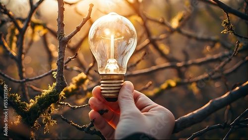 Illuminating Nature: A Unique Lightbulb Among Twigs and Leaves