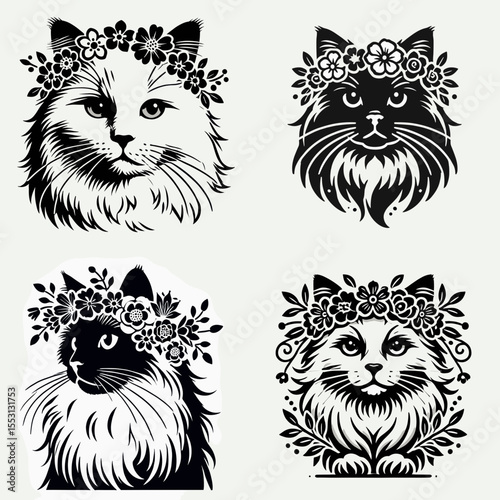 Ragdoll Cat. With Flower Crown Cartoon Clipart Cowboy Silhouette Line Art Vector Illustration. Domestic feline breed info trait temperament for a floppy pet companion.