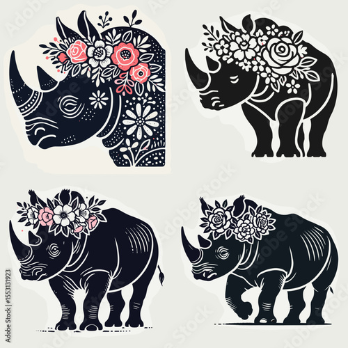 Rhino. With Flower Crown Cartoon Clipart Cowboy Silhouette Line Art Vector Illustration. Large african beast a conservation issue knowledge about the huge mammal.