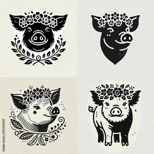 Pig. With Flower Crown Cartoon Clipart Cowboy Silhouette Line Art Vector Illustration. Domestic hog farm creature a source of ham and pork livestock for food production.