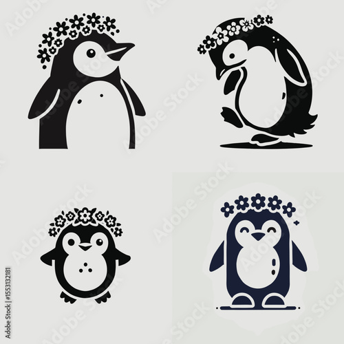 Penguin. With Flower Crown Cartoon Clipart Cowboy Silhouette Line Art Vector Illustration. Flightless waterbird artic creature in antarctica polar wildlife.