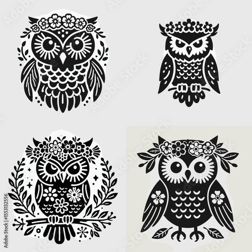Owl. With Flower Crown Cartoon Clipart Cowboy Silhouette Line Art Vector Illustration. Nocturnal raptor avian creature of prey a wild bird animal for nature topic.