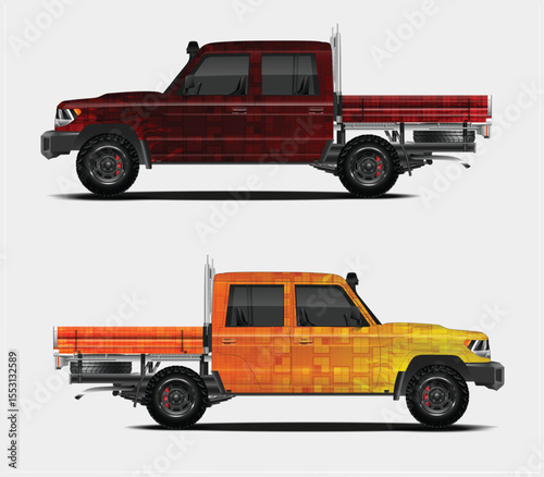 Two Flatbed Trucks with Abstract Designs in Red and Orange Colors