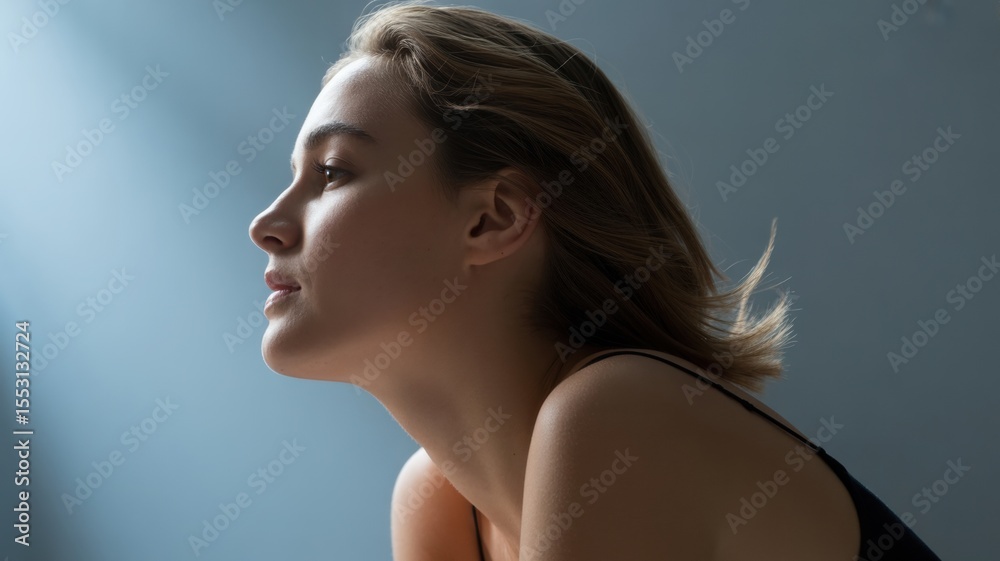 Naklejka premium Profile portrait of young caucasian female with short hair against soft blue background